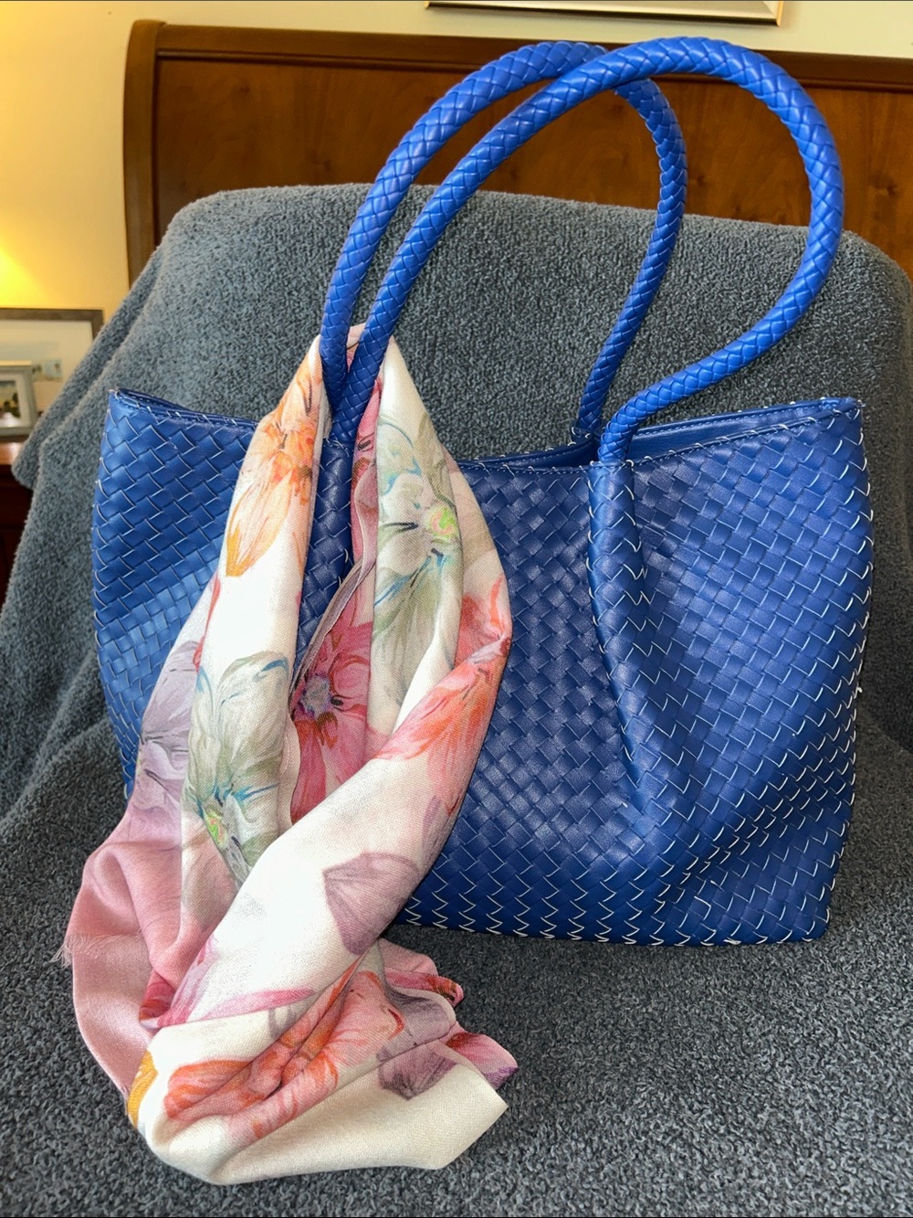 Royal Blue Woven Tote with Braided Handles with vintage scarf included